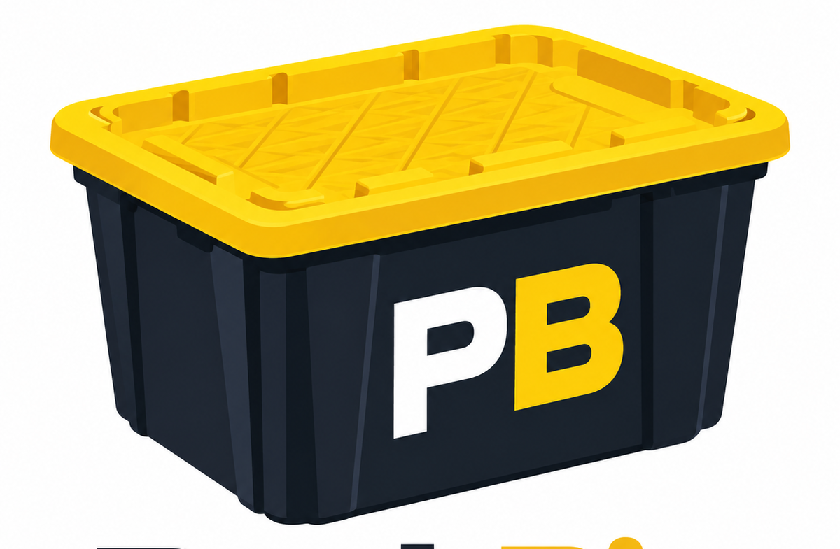 Black and yellow small package moving bins with attached hinged lids