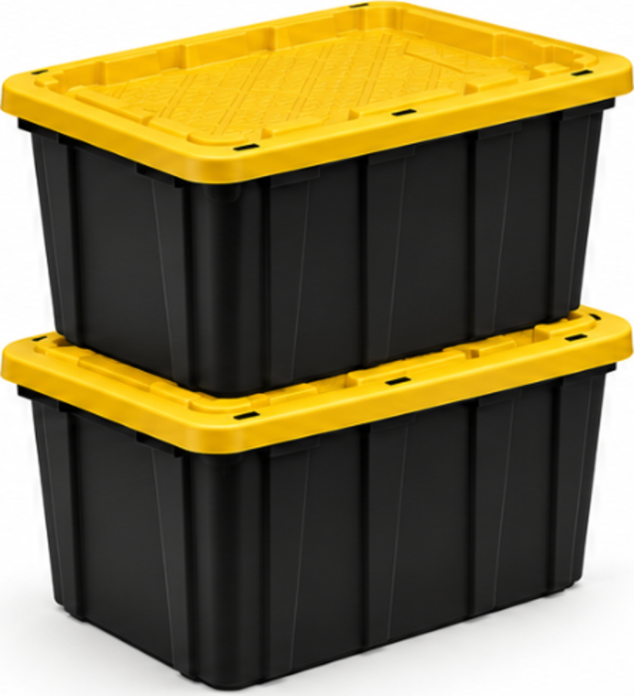 Two black plastic moving bins with attached yellow hinged lids, stacked on top of each other
